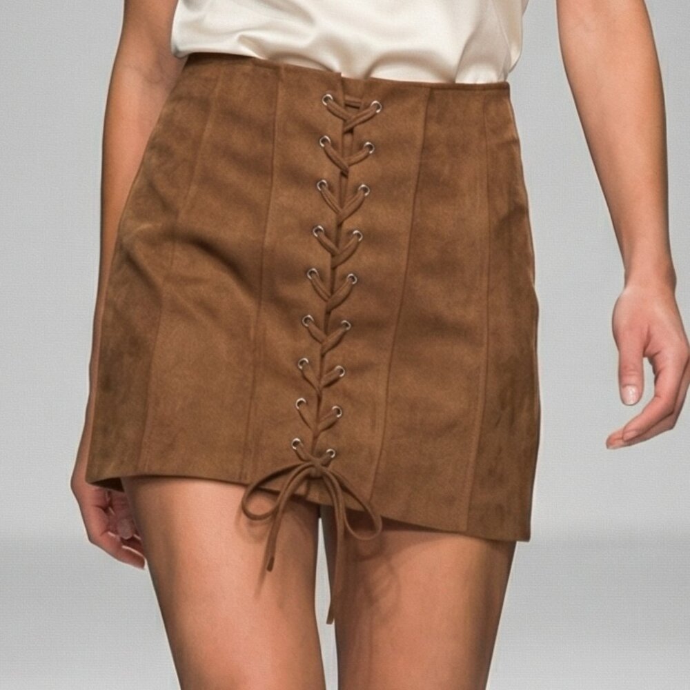Commense Brown Suede Lace-Up Mini Skirt